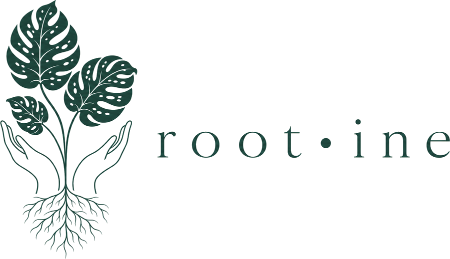 Root-ine logo: hands nurturing monstera leaves and roots